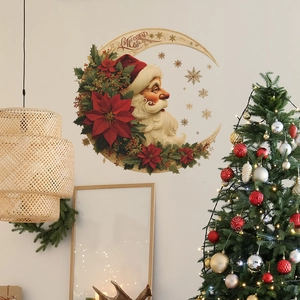 Adesivo murale natalizio autoadesivo con Babbo Natale su una luna crescente per decorazioni