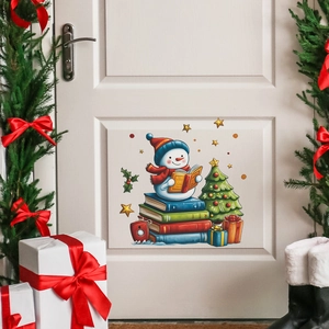 Christmas snowman reading books door sticker with festive holiday decorations