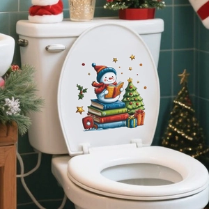 Self-adhesive Christmas snowman reading books toilet lid sticker for home holiday decor