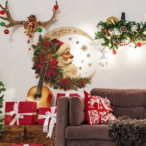 Adesivo da Parete Natalizio Rimovibile Babbo Natale Luna Poinsettia Adesivo PVC Autoadesivo per Casa Soggiorno Camera da Letto Decorazione