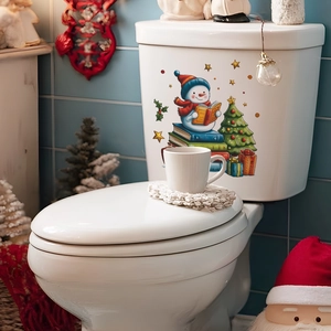 Christmas Snowman Reading Books Toilet Sticker PVC Waterproof Wall Decal Festive Home Decor For Bathroom Living Room Study