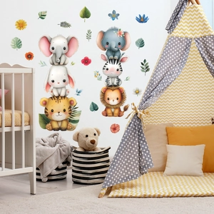 Cartoon animal wall decals with watercolor lion and elephant for nursery room decor