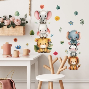 Cartoon forest animals and green leaves wall sticker set for kids room decoration