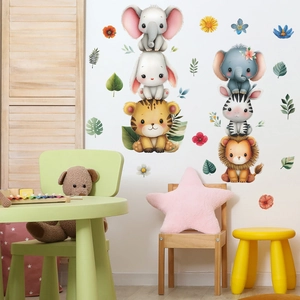 Cartoon animal wall decals with watercolor elephants and lions for nursery room decor