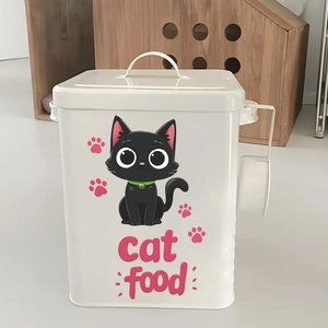 White metal cat food storage container with cute cartoon cat illustration and matching scoop
