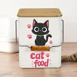 Cat food storage canister in white metal with wooden lid for pet food home organization