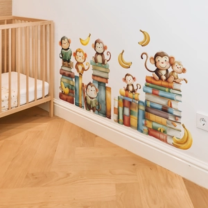 Cartoon monkey and books wall sticker in watercolor style for children's bedroom decor