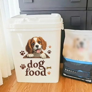 Airtight white dog food storage container with King Charles Spaniel illustration