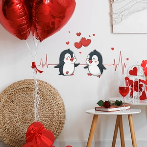 Cartoon penguin wall sticker with red hearts and heartbeat line for home bedroom decoration