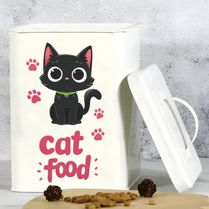 White metal cat food storage container with cute cartoon cat illustration and airtight lid