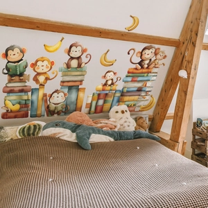 Cartoon monkeys and colorful books wall stickers for cozy kids bedroom decoration