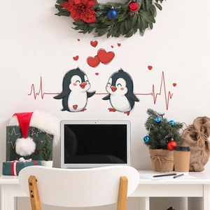 Cartoon penguin wall decals with red hearts and heartbeat line for cozy room decor