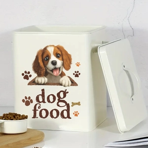 White metal dog food storage canister with lid and cute cocker spaniel illustration