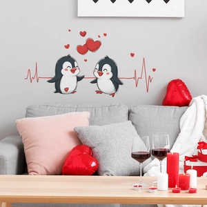 Cute cartoon penguins wall sticker with red hearts for cozy living room decoration