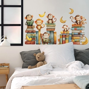 Cute cartoon monkeys and books wall stickers for kids bedroom decor with watercolor style