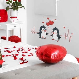 Cartoon penguin wall stickers with red hearts and heartbeat line for bedroom decor