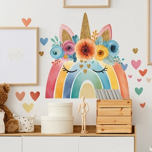 Adesivi murali unicorno arcobaleno con corno dorato e cuori colorati per cameretta bambini