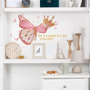 Stickers muraux élégants papillon et couronne avec citation pour décoration de chambre