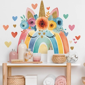 Adesivo da Parete Cartone Animato Arcobaleno Unicorno Cuore PVC Removibile Autoadesivo DIY per Camera dei Bambini Decorazione Casa