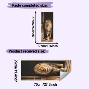 Lion oil painting wall sticker size guide showing pasted and received product dimensions
