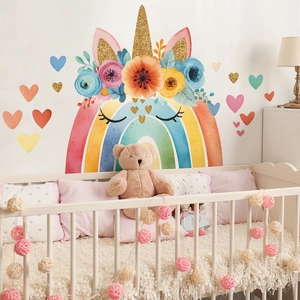 Adesivo murale unicorno arcobaleno con cuori e fiori per decorazione camera dei bambini