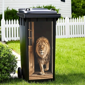 3D lion animal decorative sticker for large outdoor wheeled trash can on a garden lawn