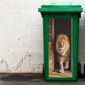 Green trash can with wheels featuring a 3D lion through a wooden door decorative sticker