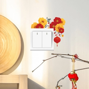 Festliche Pflaumenblüten-Wandsticker für Lichtschalter mit roten Blumen und kleinen Laternen