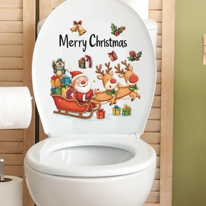 Merry Christmas reindeer sleigh toilet seat sticker for festive home bathroom decoration