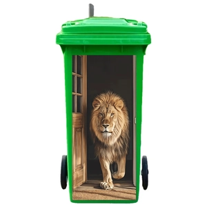 Green 240L plastic trash bin with 3D lion door decorative sticker on white background