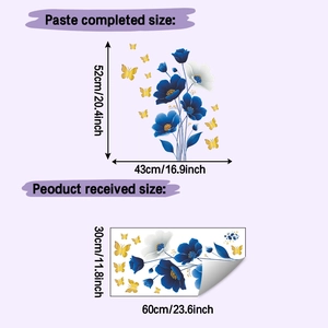 Detail of blue flower wall decals showing application layout and received sheet sizes