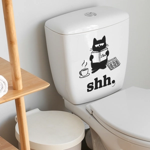 Cute black and white cartoon cat reading a book toilet sticker for bathroom decor