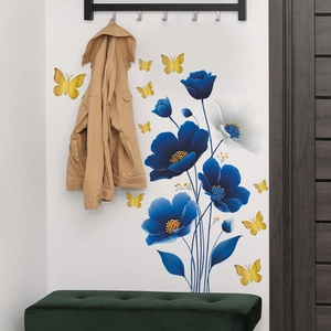 Blue flowers and gold butterflies self-adhesive wall stickers for living room decor