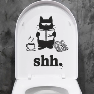 Cartoon black cat reading book toilet seat sticker with coffee and shh lettering