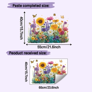 Detail of colorful floral wall stickers showing layout and size dimensions for home decor