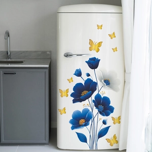 Blue and white floral wall stickers with golden butterfly accents for home decor