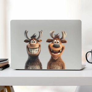 Cartoon smiling elk decorative wall sticker on a silver laptop surface in office