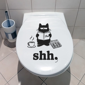 Cartoon black cat reading book toilet seat sticker with shh text for home bathroom decor