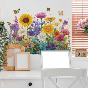 Floral bouquet wall sticker with sunflowers and butterflies for home decor