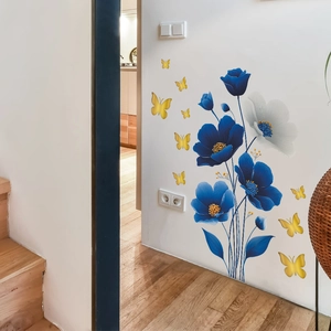 Elegant wall sticker with blue flowers and metallic gold butterflies for home decor