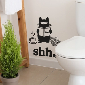 Minimalist black cat reading book wall sticker with coffee and shh lettering for home decor