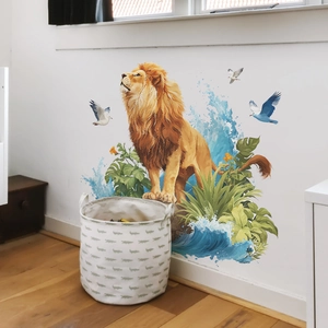 Sticker mural lion de dessin animé et plantes vertes pour décor de salon moderne