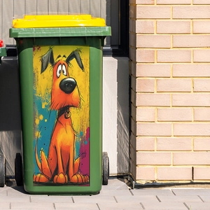 Vibrant cartoon dog wall sticker for home decor applied on a modern storage bin surface