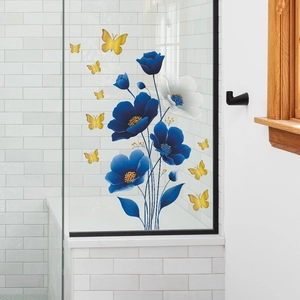 Elegant blue flowers and golden butterflies self-adhesive wall stickers for home decor