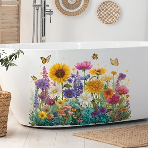 Floral bathtub wall decals with hand-painted sunflowers and butterflies for home decor