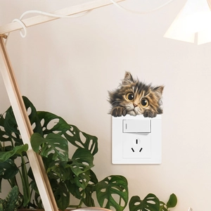 Realistic 3D brown tabby kitten wall sticker peeking over a home light switch cover