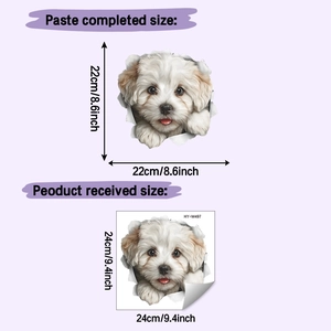 Detailed sizing chart showing the 22x22cm 3D cute dog toilet sticker and 24x24cm base paper