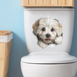3D realistic puppy toilet sticker featuring a cute white Maltese dog peeking out