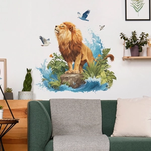 Sticker mural lion de dessin animé et plantes tropicales pour décoration intérieure