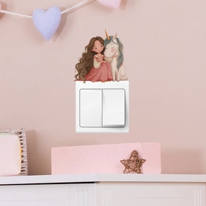 Cartoon girl hugging unicorn wall sticker and light switch decor for a kids' cozy bedroom